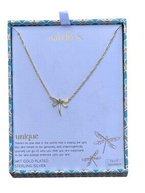 NEW Isabella M. Dragonfly Charm Gold over Sterling Silver 16 + 2" Necklace